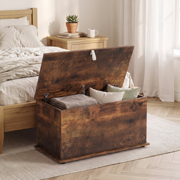 HOMCOM Storage Chest, 102L Blanket Box, Shoe Bench Safety Hinged Lid, Bed End Bench for Bedroom, 80 x 40 x 45cm, Rustic – view 2
