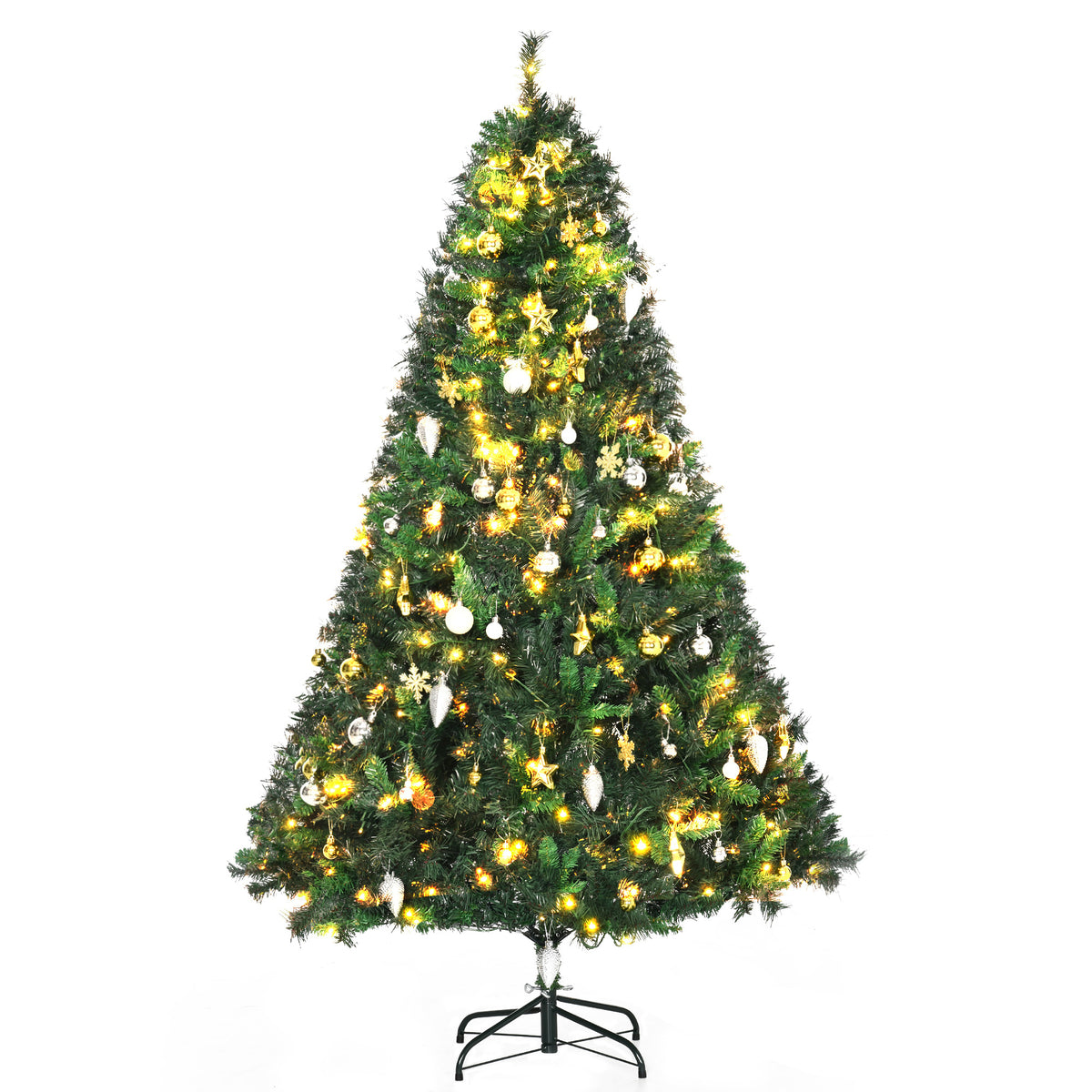 6ft pre-lit green Christmas tree with 200 warm LEDs decorated with white, gold and silver baubles