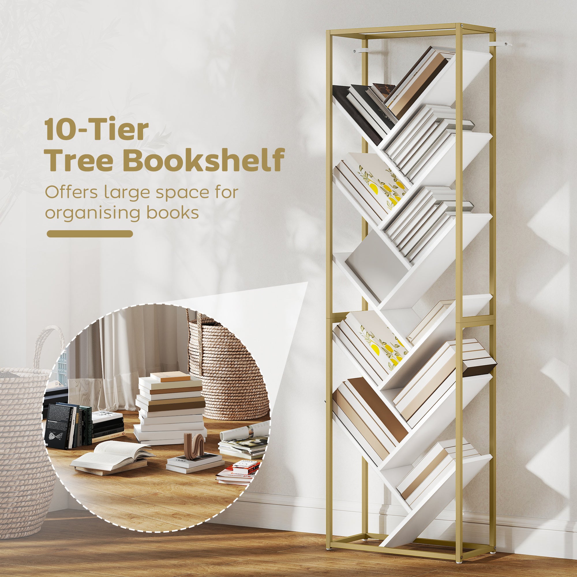 10 Shelf Modern-Style Bookshelf - Gold Tone/White