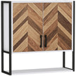 Wall-mounted bathroom cabinet with walnut herringbone doors, cream frame and open bottom shelf