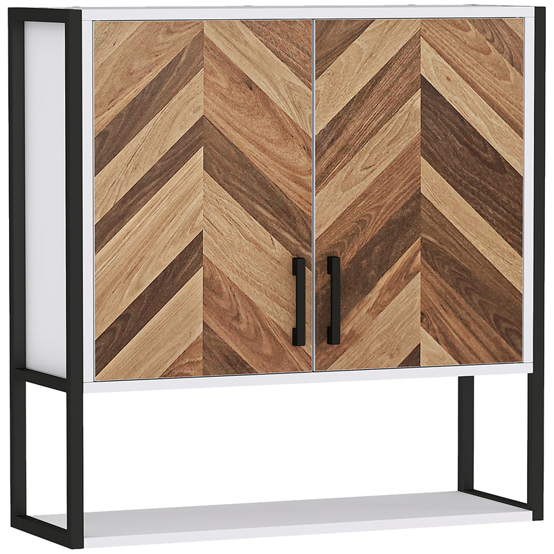 Wall-mounted bathroom cabinet with walnut herringbone doors, cream frame and open bottom shelf