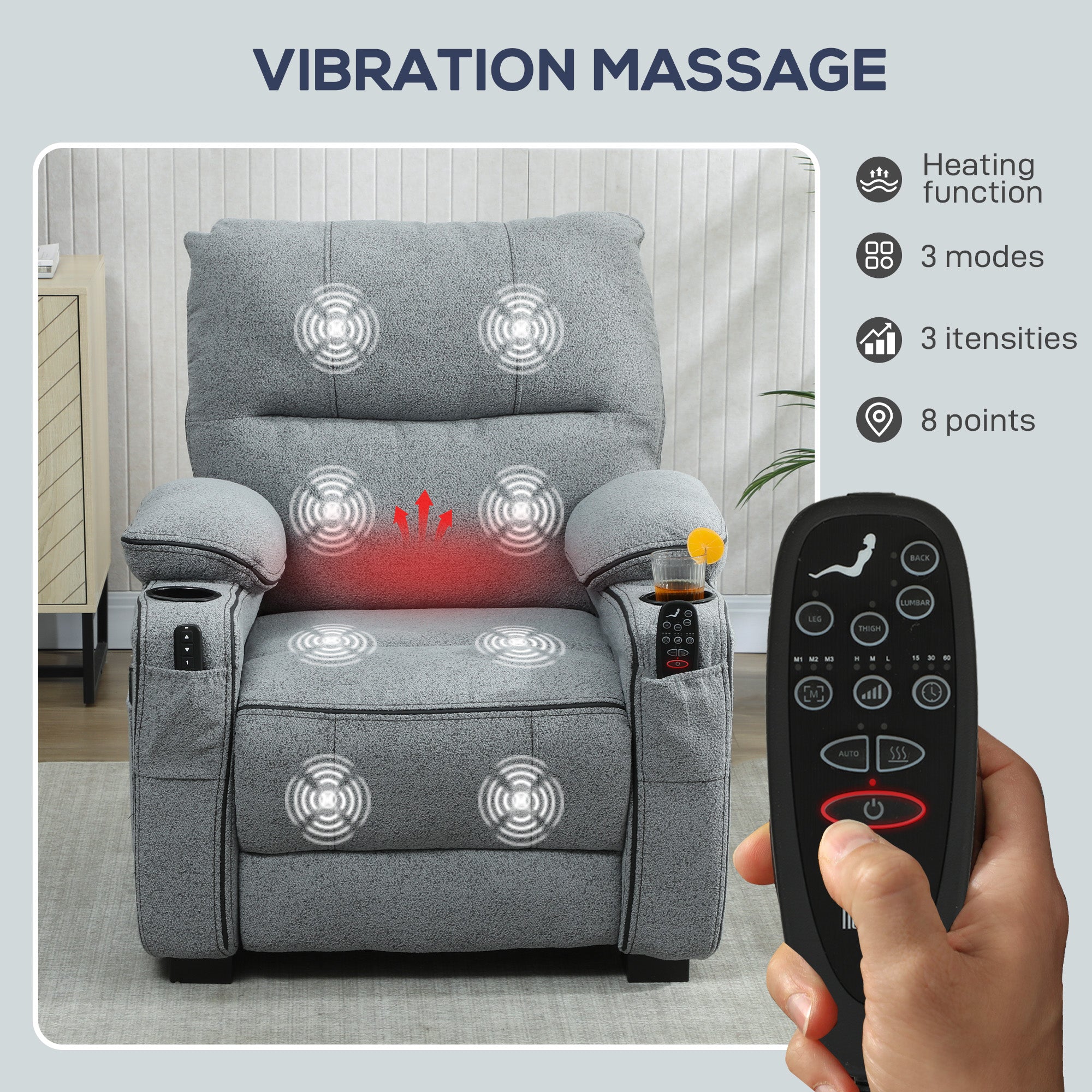 Electric Massage Recliner Armchair with Vibration, Heat, Whisper-Quiet Motor, Memory Function, Velvet Power Reclining Chair with Spring Pack, USB Port, Footrest, Side Pockets, Cup Holders, Grey