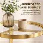 Round Side Table with Tempered Glass Top and Geometric Metal Frame for Small Space, Gold Tone