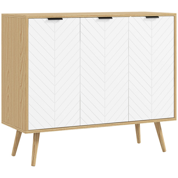 White sideboard with embossed chevron doors, adjustable shelves and pine wood legs