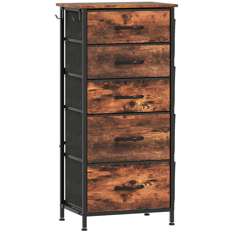 Slim rustic brown and black 5-drawer fabric chest of drawers with side pockets