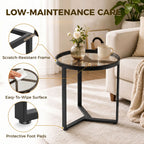 Round Side Table with Tempered Glass Top and Geometric Metal Frame for Small Space, Black