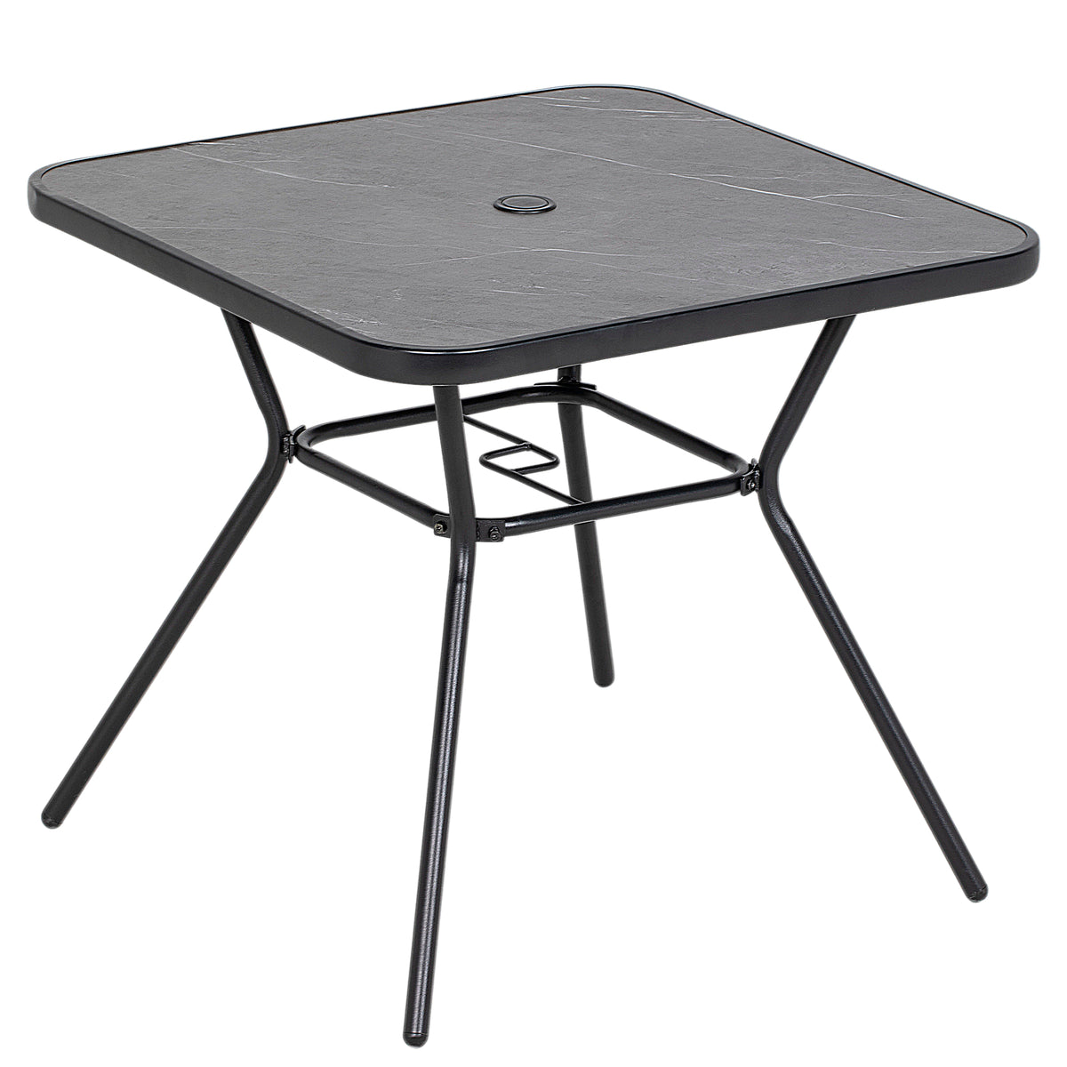 Black 80 cm square garden bistro table with faux-marble top and parasol hole