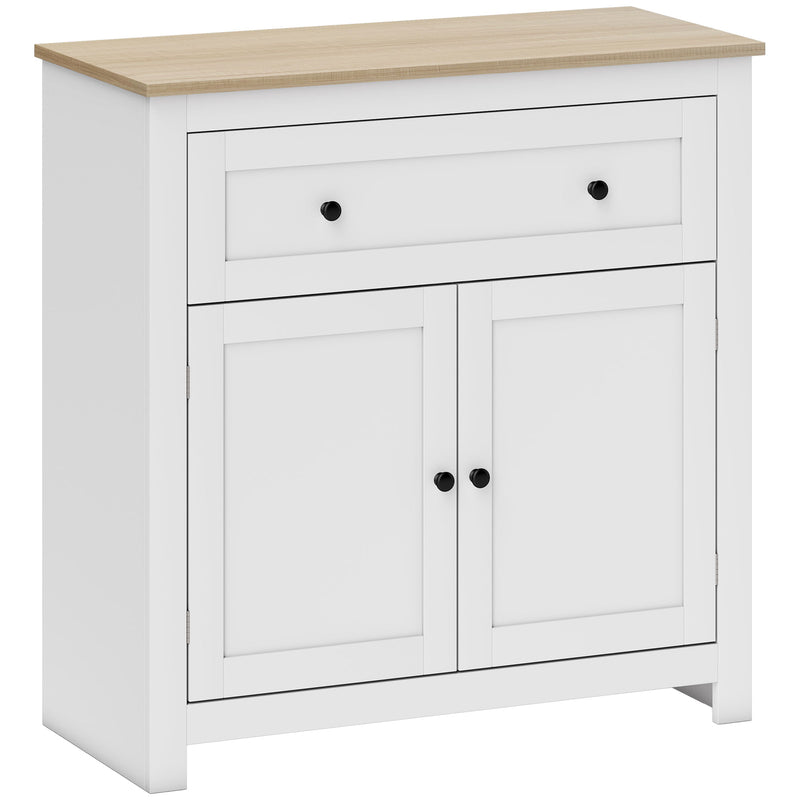 White sideboard with oak-effect top, wide drawer and double-door cabinet