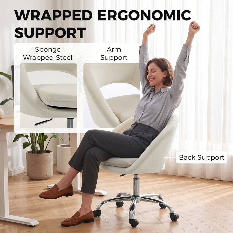 HOMCOM Velvet Desk Chair, Modern Office Chair with Height-Adjustable, Wheels, for Home Study Bedroom, Cream – view 5