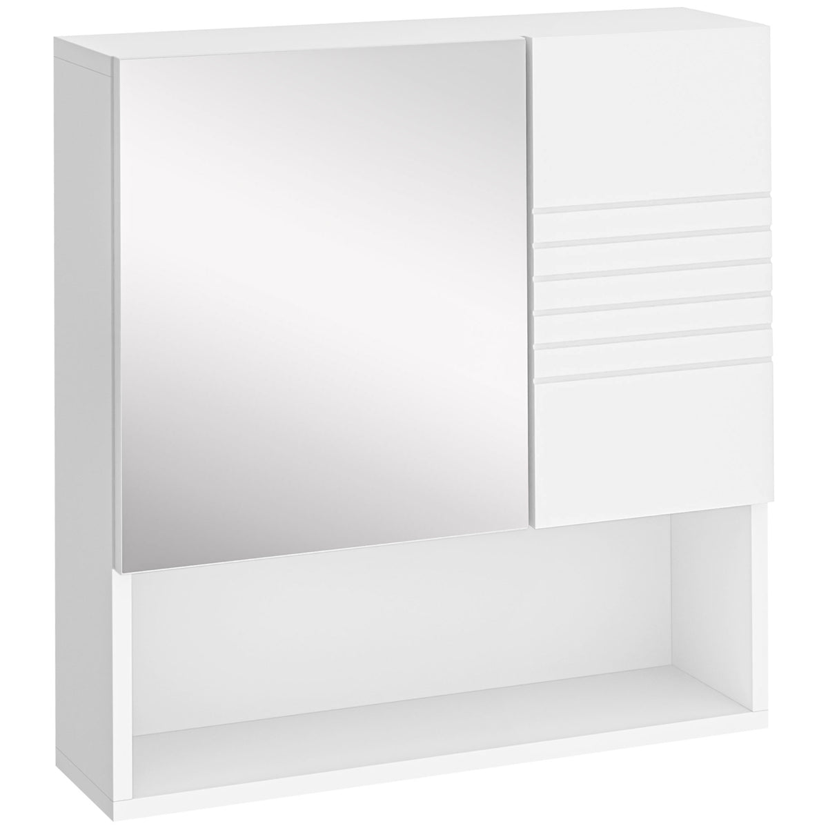 White wall-mounted bathroom mirror cabinet with mirrored door, two compartments and open bottom shelf