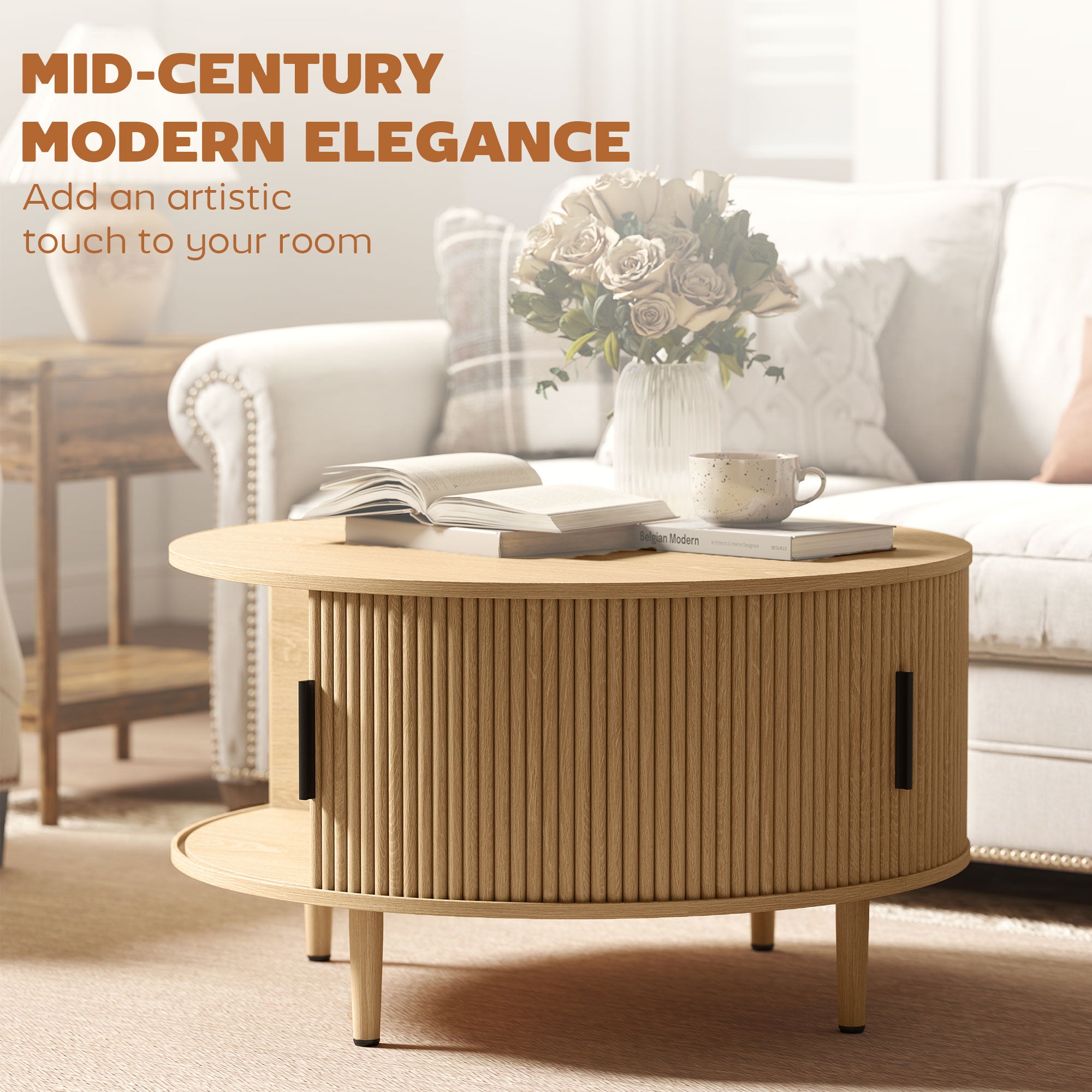 Coffee Table with Lift Top and Hidden Storage, Round Centre Table with Fluted Sliding Door, 80 cm, Natural Wood