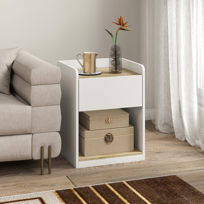 HOMCOM Modern Bedside Table, Slim Nightstand with Drawer, Shelf and Cable Holes, White and Oak – view 7