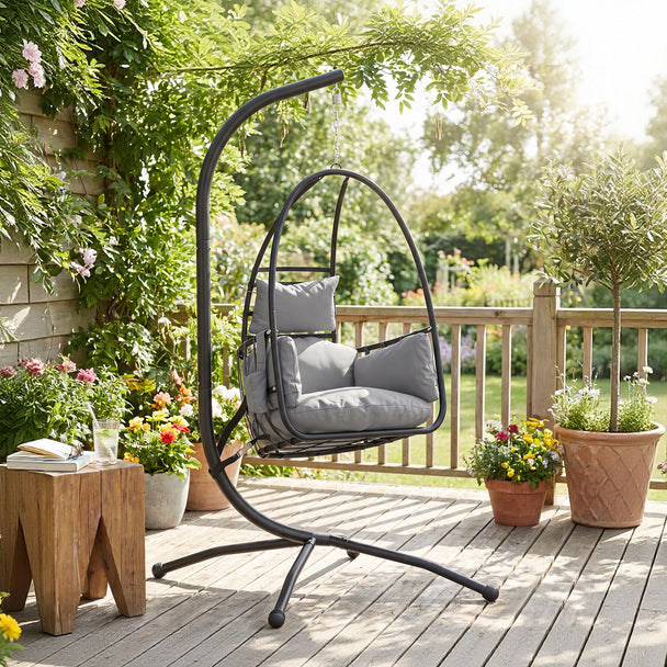 Outsunny Hanging Egg Chair, Indoor Outdoor Swinging Hammock Chair with Stand, Foldable Basket, Side Pocket, Dark Grey – view 2
