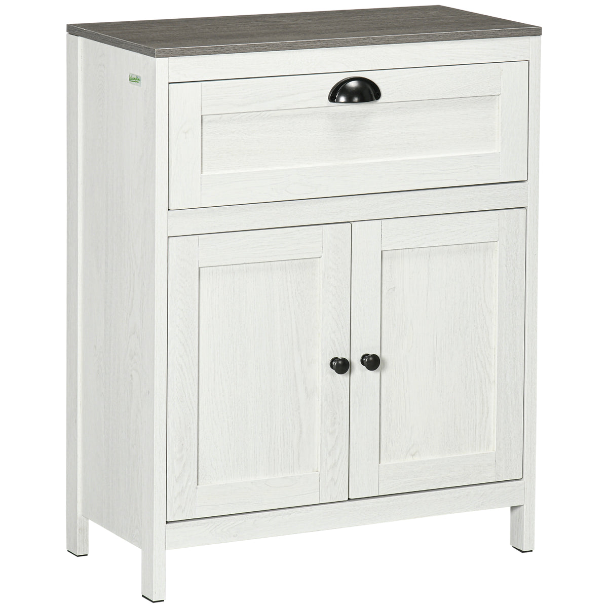 White freestanding bathroom floor cabinet with top drawer, double doors and wood-effect top