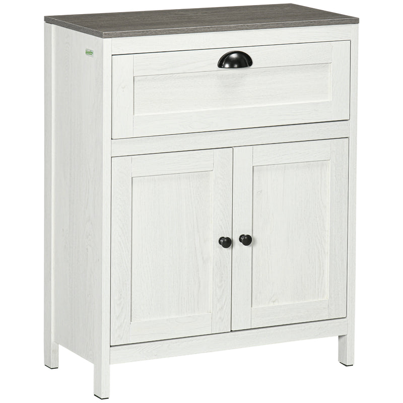 White freestanding bathroom floor cabinet with top drawer, double doors and wood-effect top