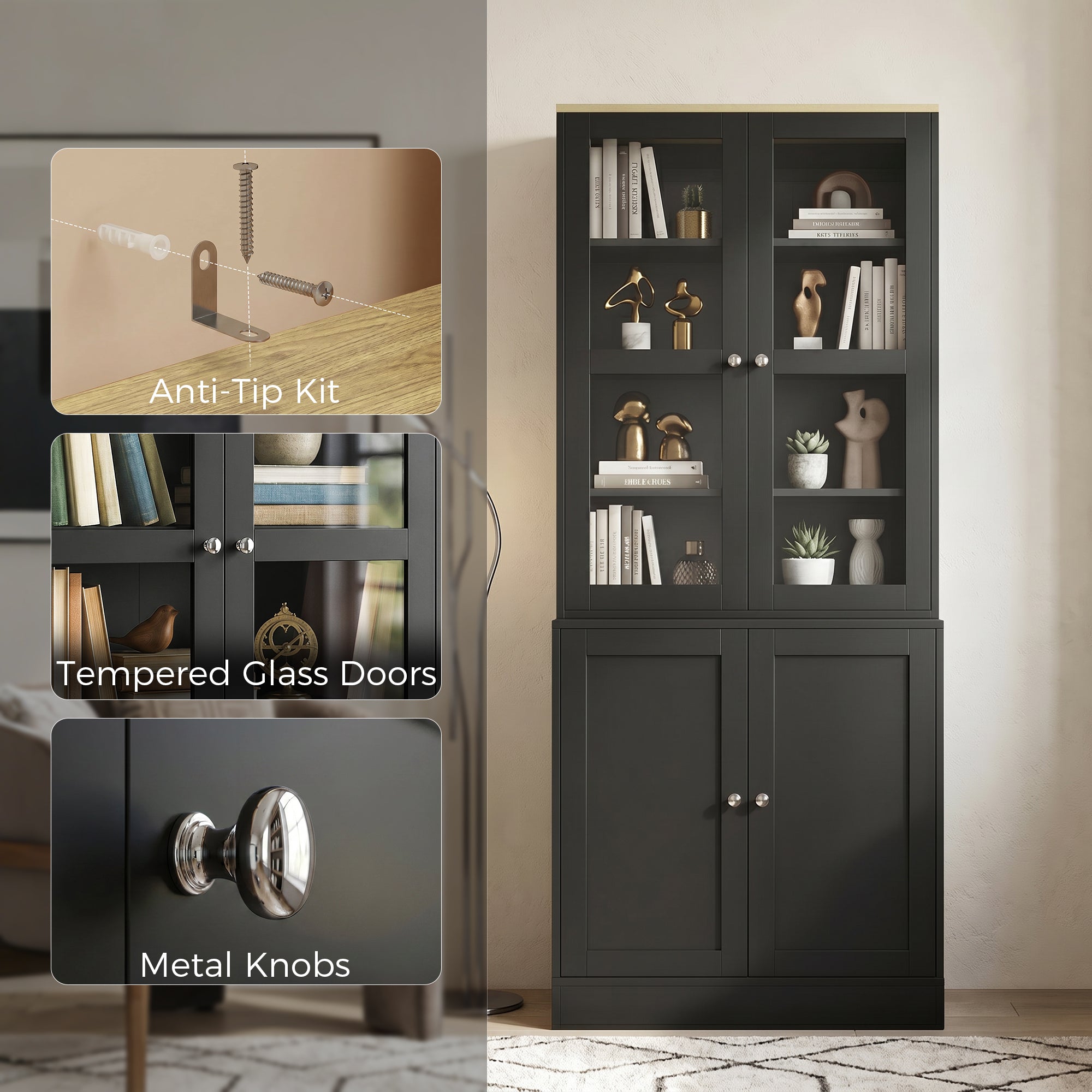 Modern Bookcase Display Storage Unit with Glass Doors Adjustable Shelves, Black