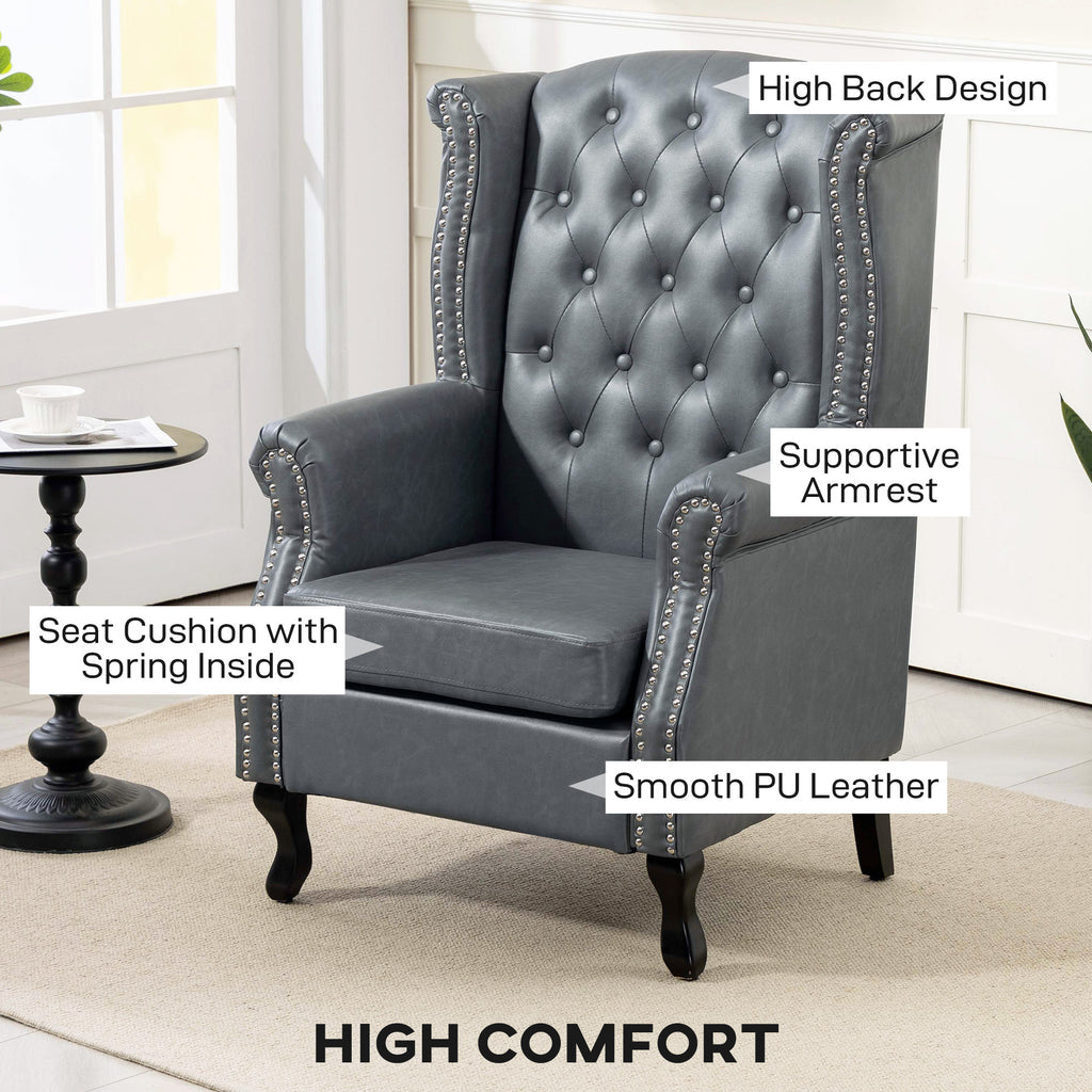 Wingback Accent Chair Tufted Chesterfield-style Armchair with Nail Head Trim for Living Room Bedroom Grey