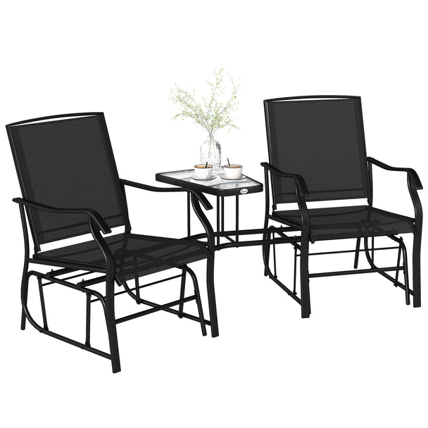 Black steel gliding tête-à-tête seat with black mesh chairs and a glass-top middle table