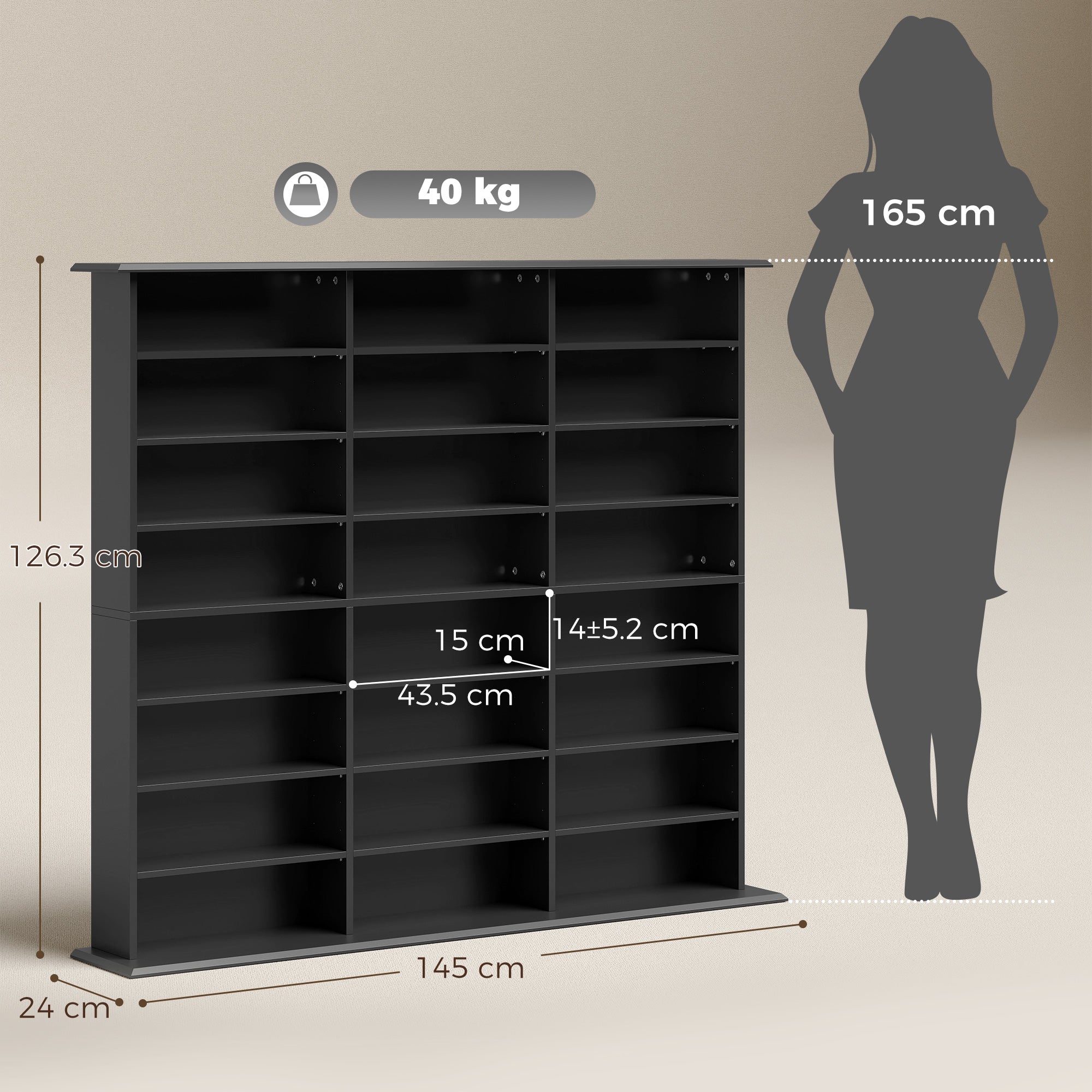 1032 CD/594 DVD Storage Unit, Blu-ray Media Storage Shelf with 24 Compartments and 18 Adjustable Shelves, Black