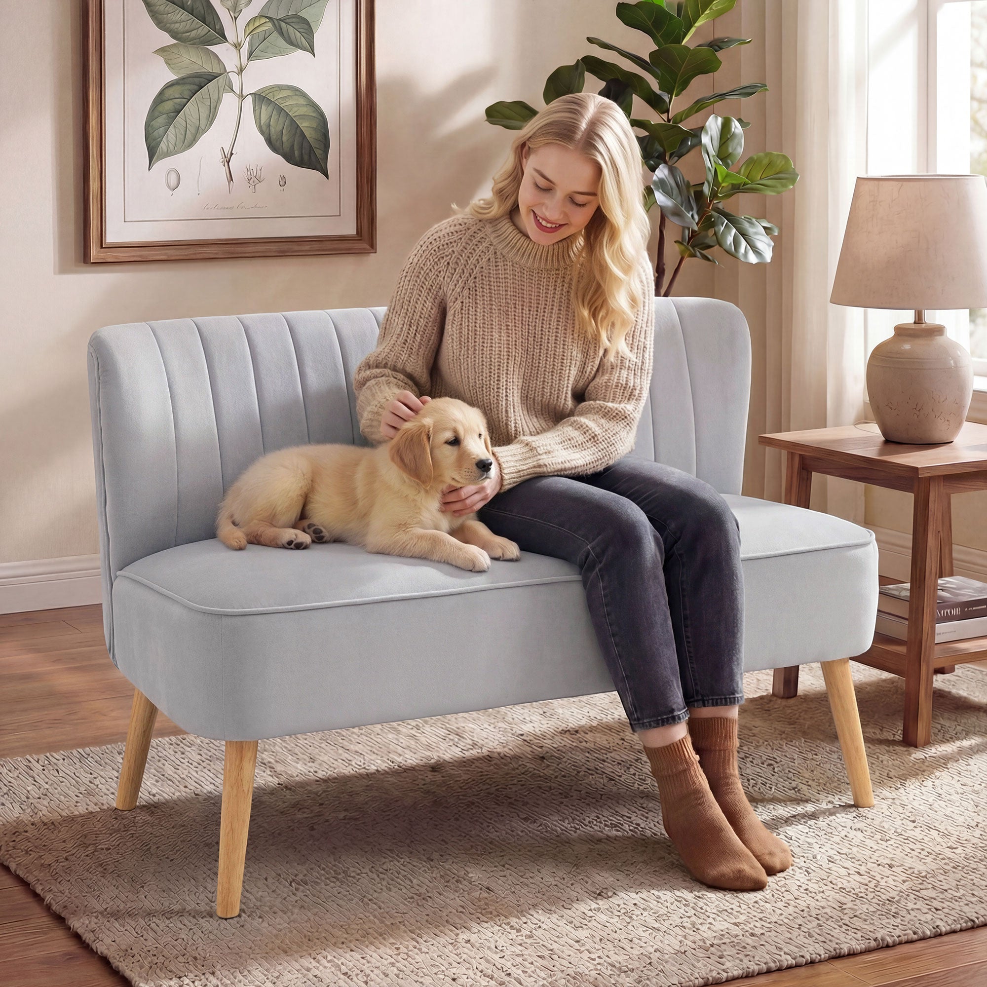 Modern Velvet Double Seat Sofa w/ Wood Frame Foam Padding Soft Comfortable Compact Couch Light Grey