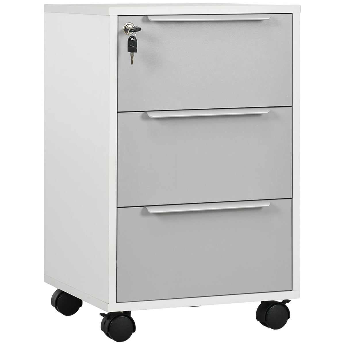 Grey and white three-drawer lockable mobile filing cabinet with central lock