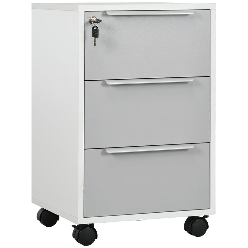 Grey and white three-drawer lockable mobile filing cabinet with central lock