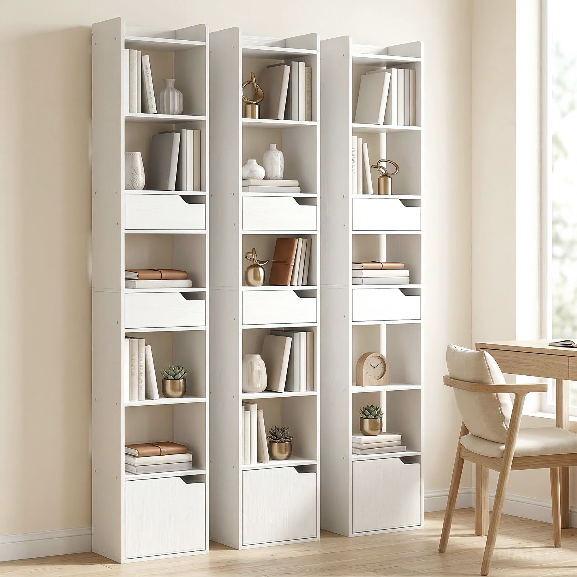 Bookcase Tall Narrow with 5 Tiers and Drawers Freestanding Bookshelf Storage Cabinet for Living Room White Wood Effect