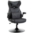 Black faux leather gaming chair with headrest cushion, flip-up arms and round steel pedestal base