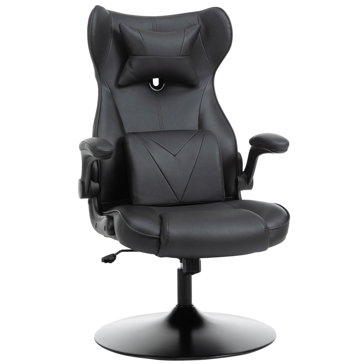 Black faux leather gaming chair with headrest cushion, flip-up arms and round steel pedestal base