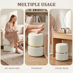 Round Storage Stool, Velvet-feel Fabric Upholstered Vanity Stool with Removable Top, Padded Seat and Hidden Space, Beige