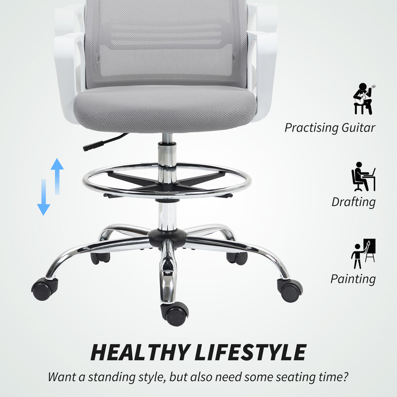 HOMCOM Draughtsman Chair, Mesh Drafting Chair, Ergonomic Office Chair with Lumbar Support, Adjustable Foot Ring, Grey – view 4