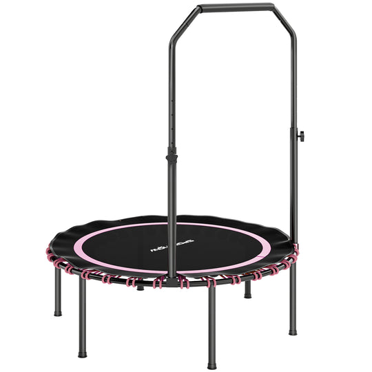 Pink 40-inch foldable bungee fitness trampoline with adjustable handrail