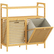 Natural bamboo laundry cabinet with two tilt-out doors, removable baskets and open shelves