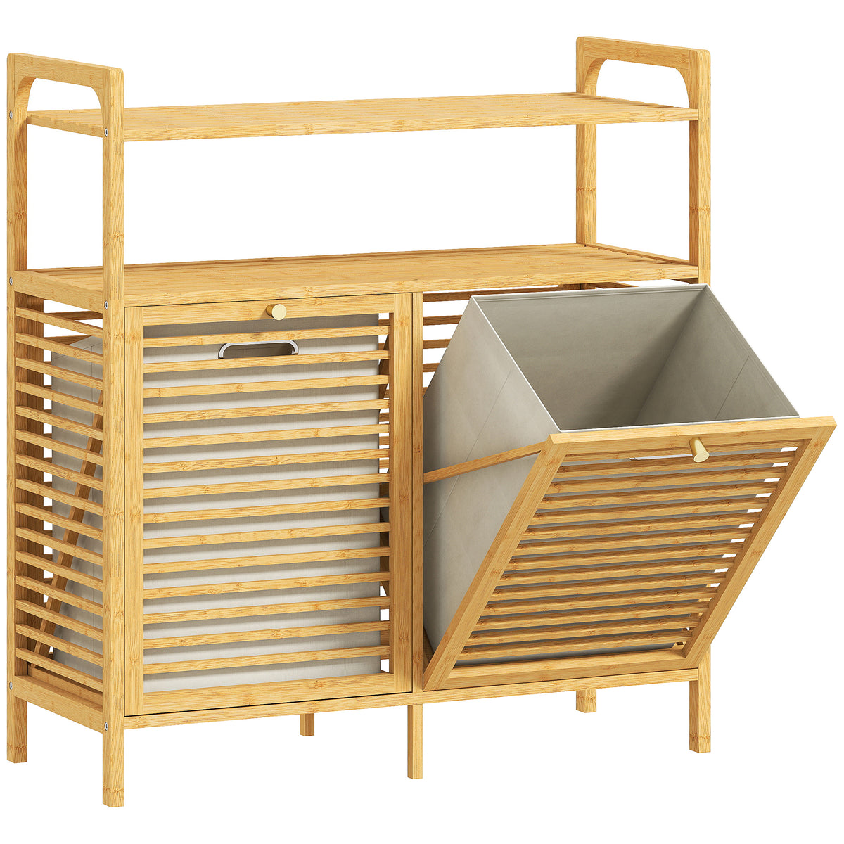 Natural bamboo laundry cabinet with two tilt-out doors, removable baskets and open shelves