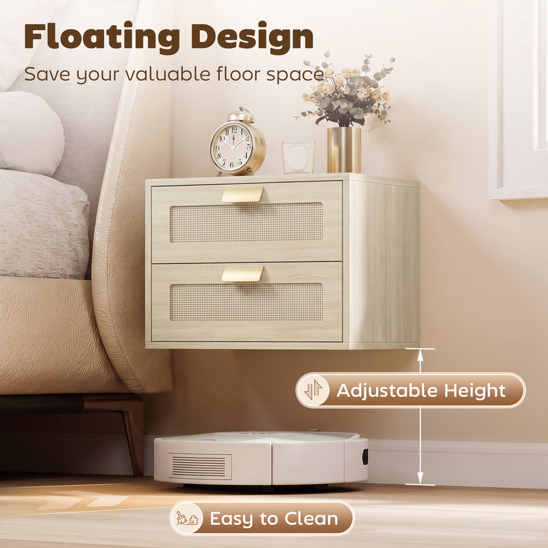 HOMCOM Modern Floating Nightstands Set of 2, Wall Mounted Bedside Tables with 2 Drawers, Oak – view 4