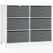White MDF cube storage cabinet with six grey fabric drawers and flat top