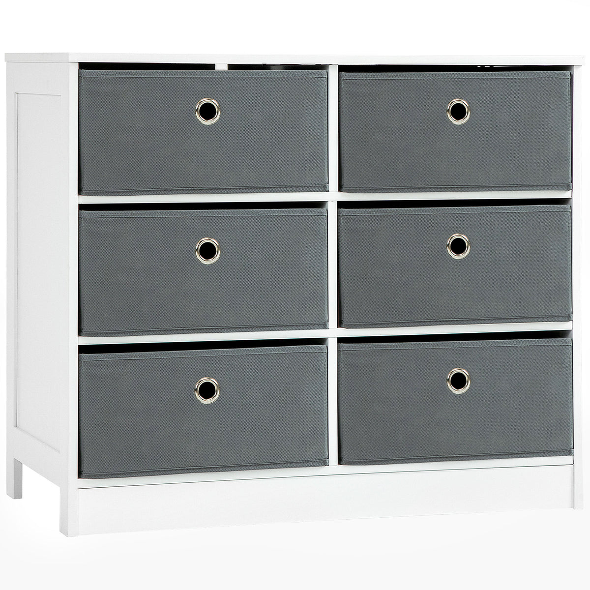 White MDF cube storage cabinet with six grey fabric drawers and flat top