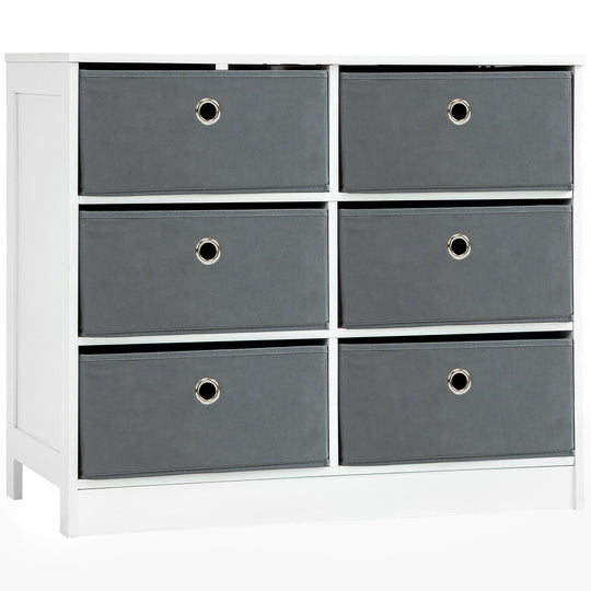 White MDF cube storage cabinet with six grey fabric drawers and flat top