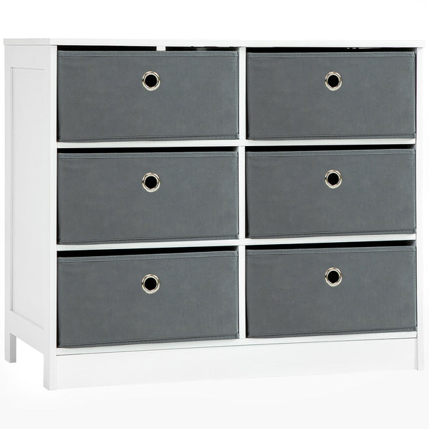 White MDF cube storage cabinet with six grey fabric drawers and flat top