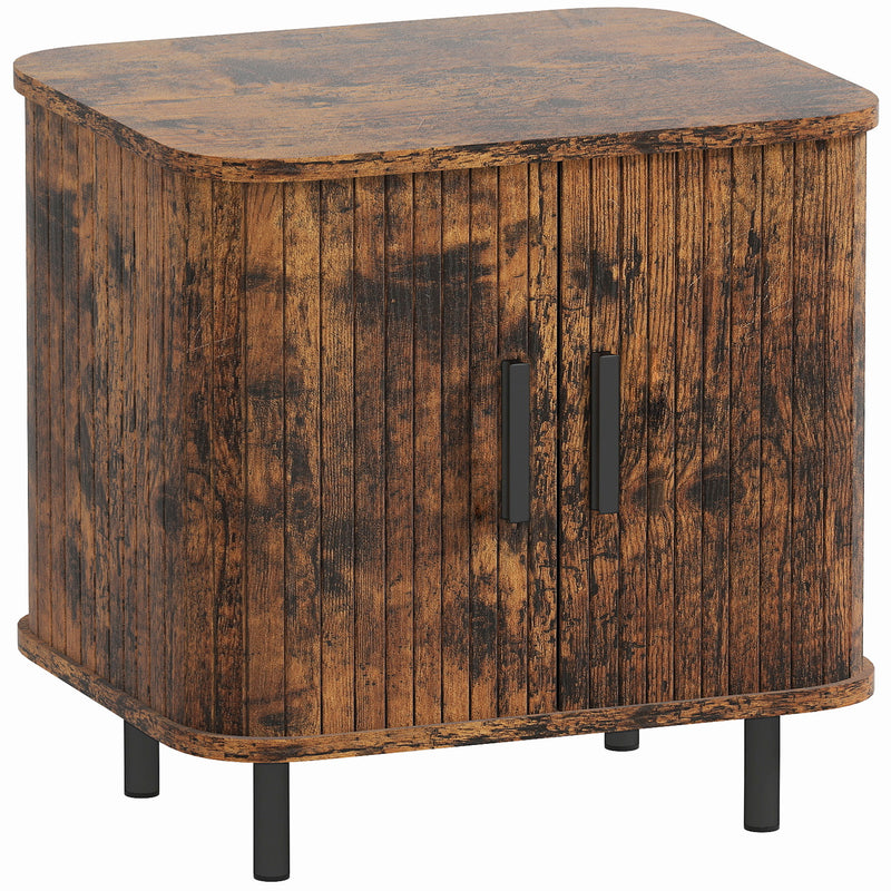 Rustic brown bedside table with ribbed tambour sliding door and black metal legs