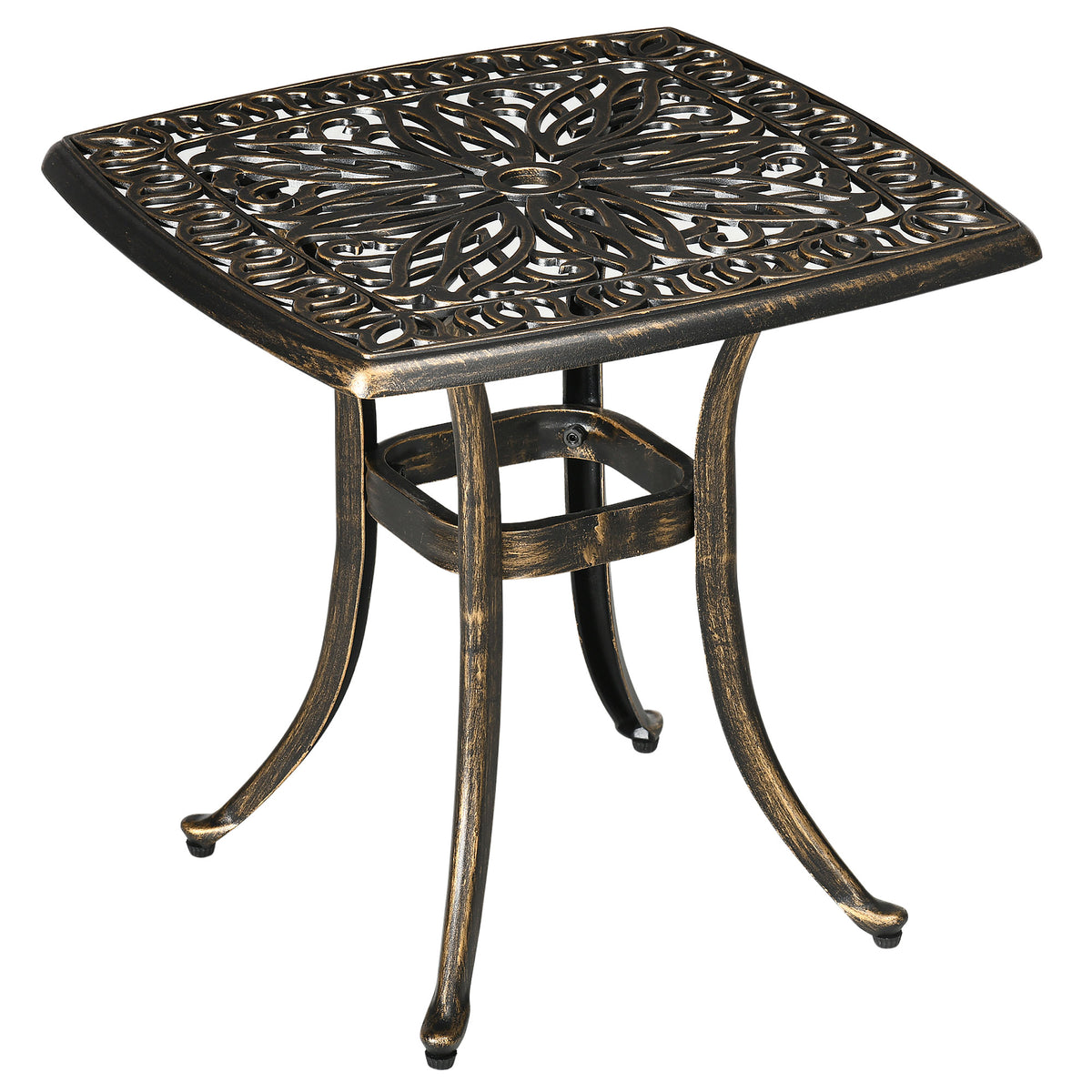Bronze-tone 54 cm square cast aluminium garden side table with floral cut-out top and parasol hole