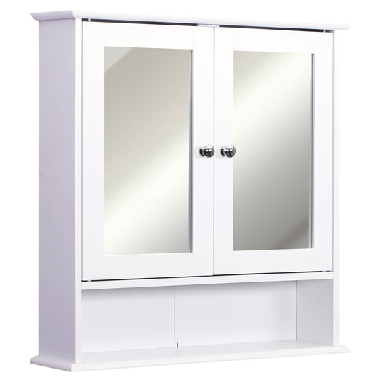 White wall-mounted bathroom cabinet with two mirrored doors and open bottom shelf