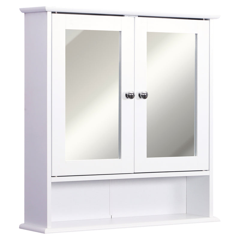 White wall-mounted bathroom cabinet with two mirrored doors and open bottom shelf