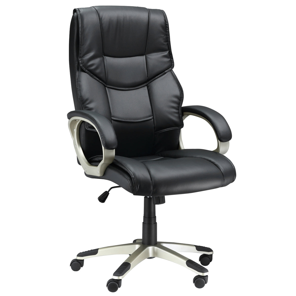 Black faux leather high-back office chair with thick padding, fixed armrests and five-wheel base