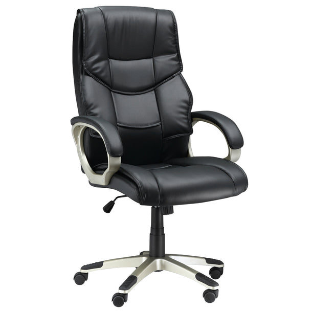 Black faux leather high-back office chair with thick padding, fixed armrests and five-wheel base