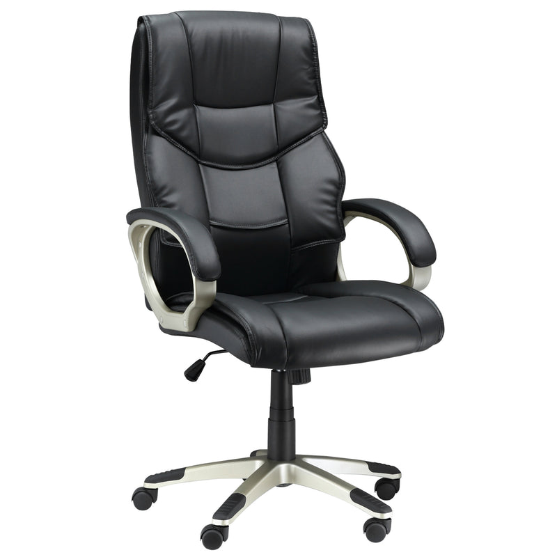 Black faux leather high-back office chair with thick padding, fixed armrests and five-wheel base