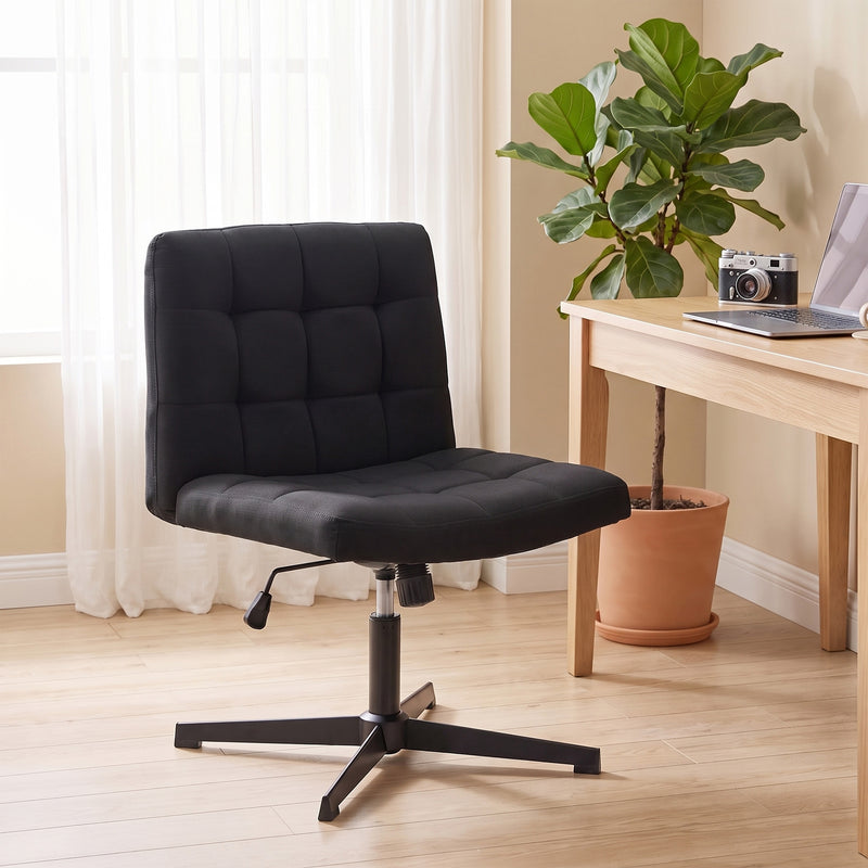HOMCOM Armless Office Chair, Cross Legged Linen Computer Desk Vanity Chair with Wide Seat, Rocking Function, Black – view 2