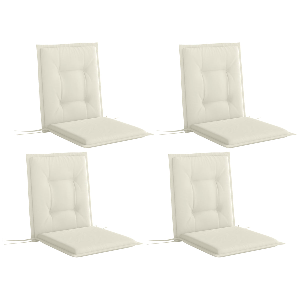 Four white one-piece seat and back cushions for garden dining chairs