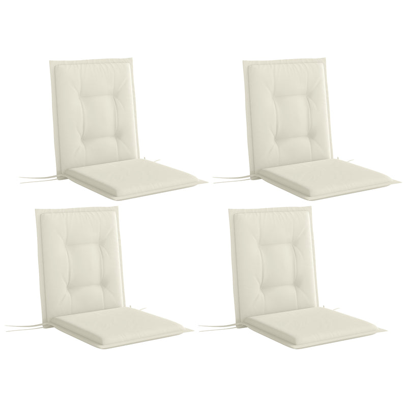 Four white one-piece seat and back cushions for garden dining chairs
