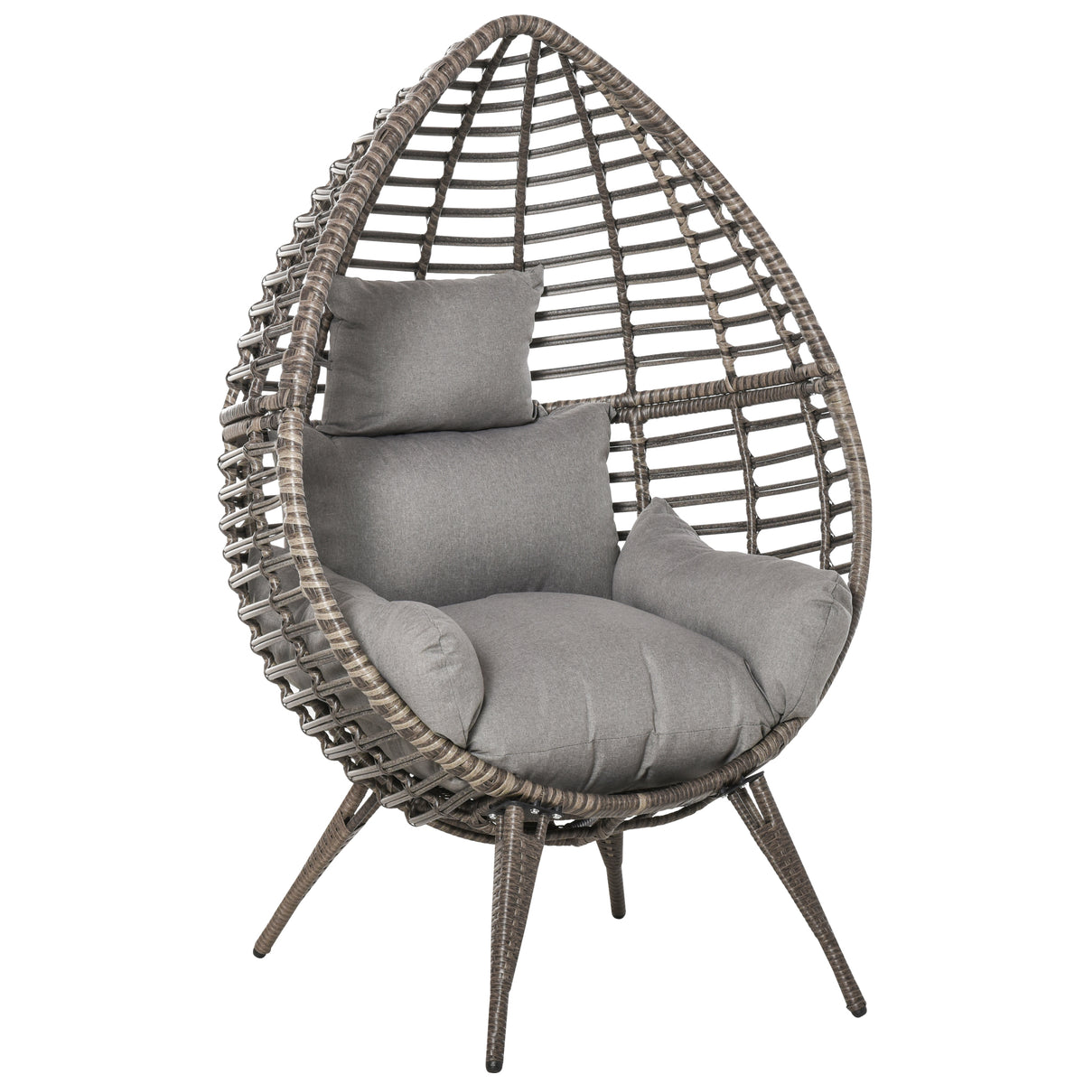 Grey teardrop rattan egg chair on four legs with thick grey cushion